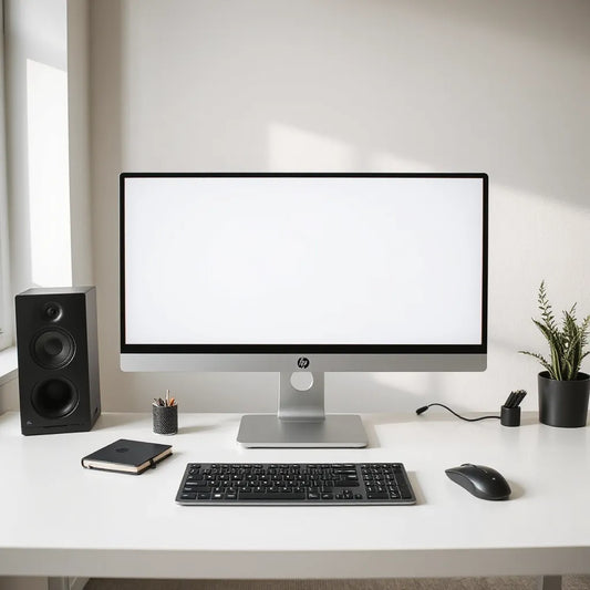 All-in-one desktop PC on a clean desk with keyboard and mouse in a modern home office