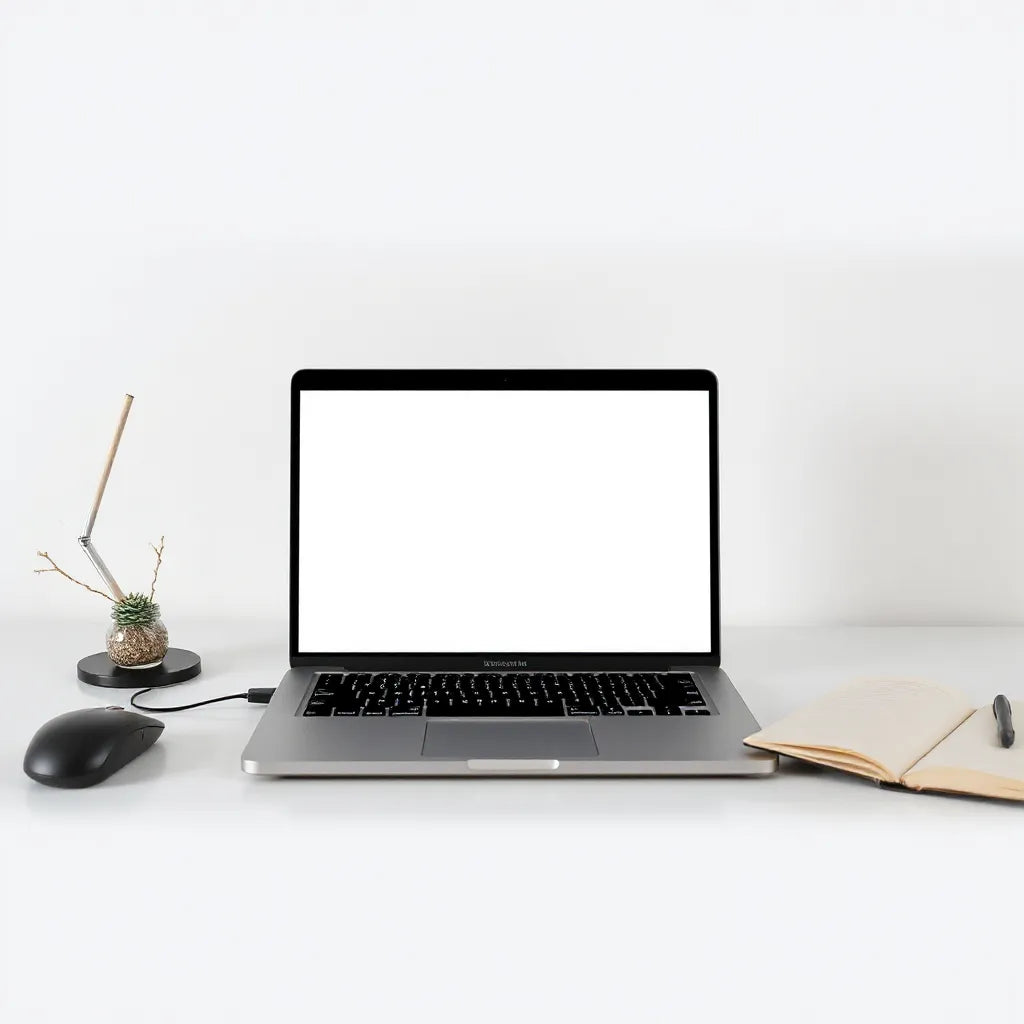 Slim laptop open on a clean desk with soft daylight and minimal accessories