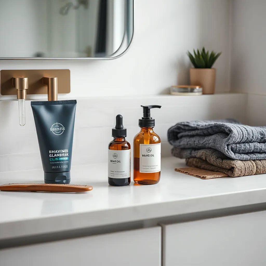 Assorted men’s grooming essentials arranged on a clean bathroom counter with soft natural light