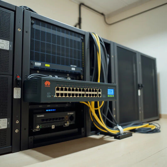 Rack-mounted Layer 3 managed switch with visible Ethernet ports and status LEDs in a clean server room