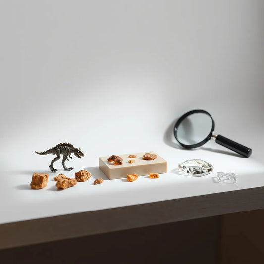 LEGO dinosaur fossil pieces arranged on a display base with a magnifying glass on a clean table