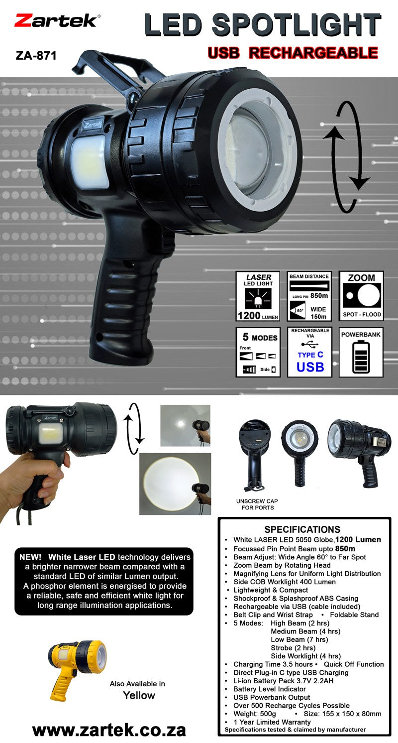 Zartek 1200 Lumin Laser LED Spotlight USB C Rechargable