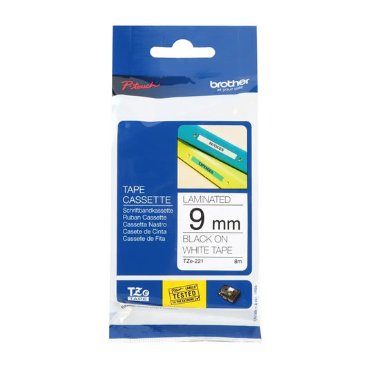 BROTHER TZE-221 LAMINATED TAPE LABEL - BLACK-ON-WHITE (9MM X 8M)