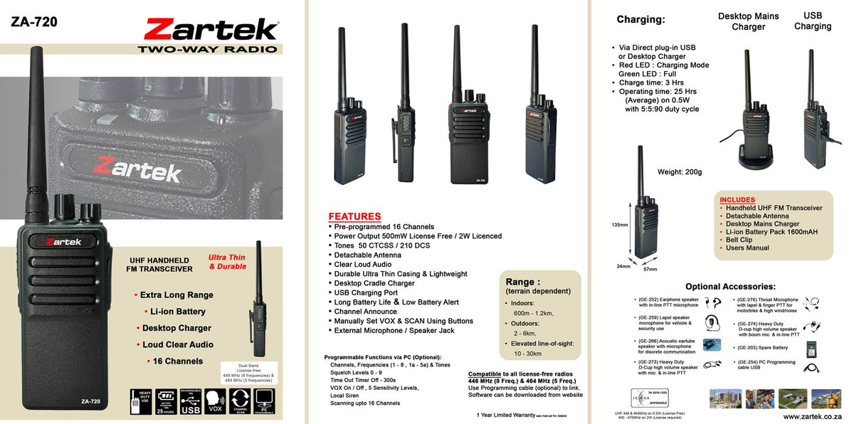 Zartek ZA720 Two Way Radio UHF with Cradle