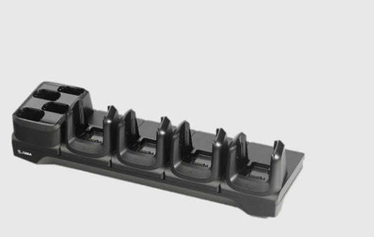 Four-slot charge-only cradle for MC3300 / MC3300x / MC3300ax; MC3400 / MC3450 devices and their four spare batteries. Sold separ