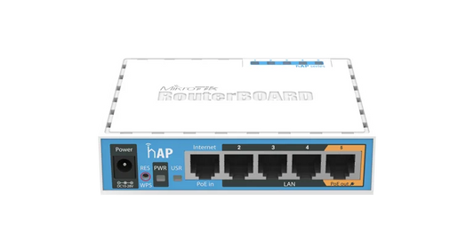 MikroTik hAP SOHO Access Point, 5x LAN, built-in 2.4Ghz 802.11b/g/n 2x2 two chain wireless with integrated antennas, USB, RouterOS L4, desktop case, PSU