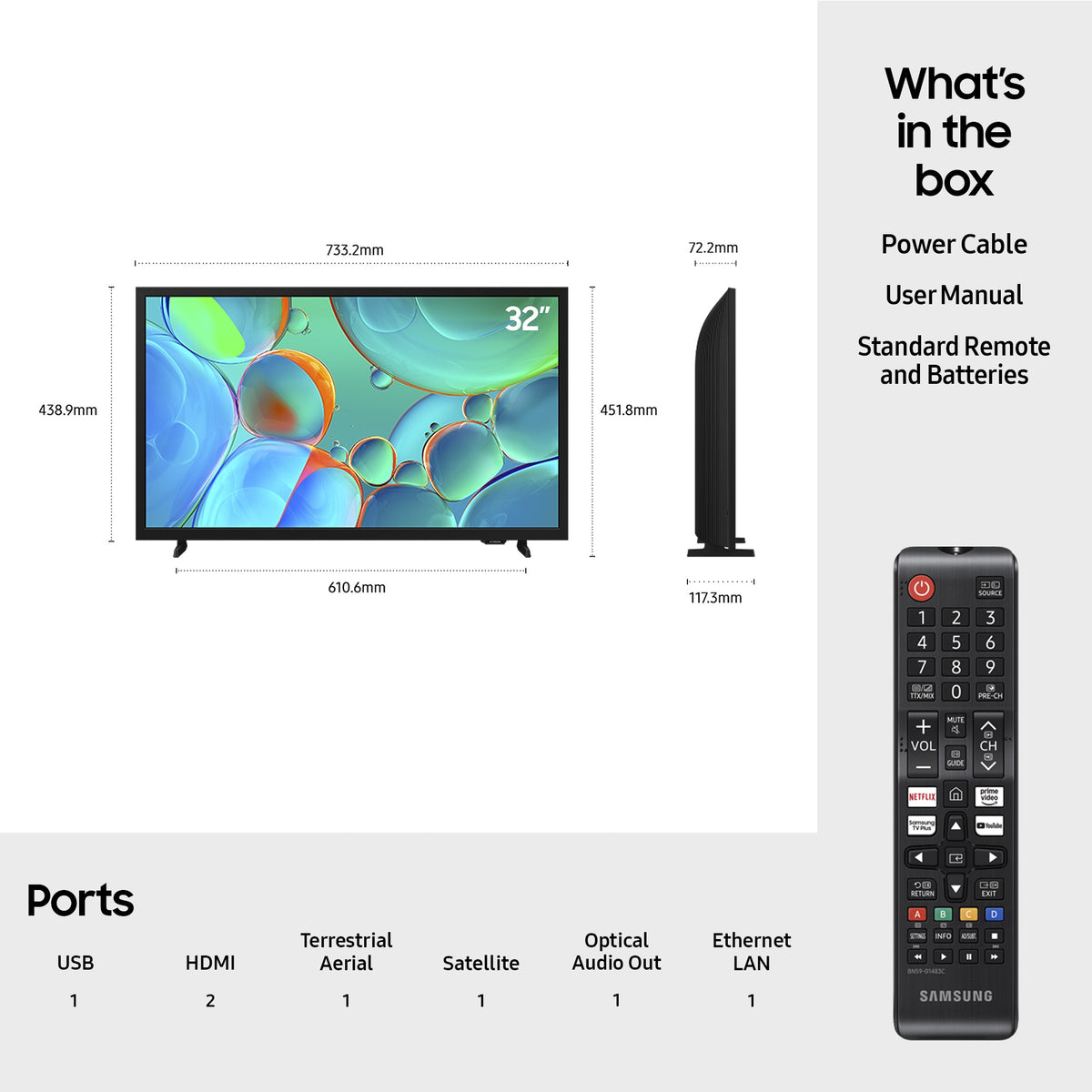 SAMSUNG UA32H5000F 32'' HD Smart TV; 1366 x 768 Resolution; Refresh Rate 50Hz; USB-A x 1; HDMI x 2; Ethernet x 1; Tizen OS; Obje