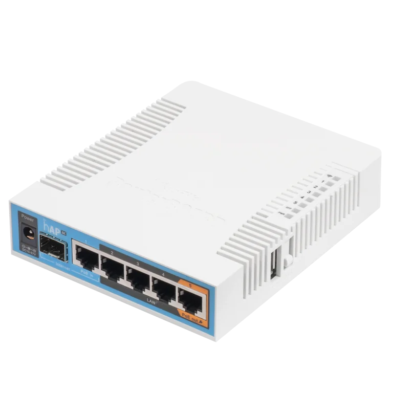 MikroTik hAP ac Desktop Access Point, 5x Gb LAN, built-in 2.4Ghz 802.11b/g/n three chain wireless with integrated antennas, built-in 5Ghz 802.11ac three chain wireless with integrated antenna, SFP cage, USB, desktop case, PSU, RouterOS L4