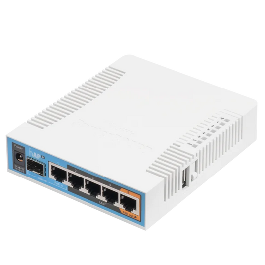 MikroTik hAP ac Desktop Access Point, 5x Gb LAN, built-in 2.4Ghz 802.11b/g/n three chain wireless with integrated antennas, built-in 5Ghz 802.11ac three chain wireless with integrated antenna, SFP cage, USB, desktop case, PSU, RouterOS L4