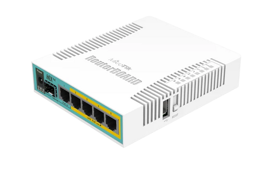MikroTik hEX PoE, Desktop Router, 5x Gb LAN (four with PoE out), SFP, USB, RouterOS L4, plastic case and PSU