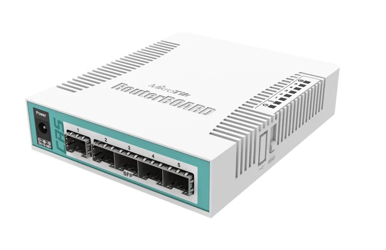 Mikrotik Cloud Router Switch 106-1C-5S with QCA8511 400MHz CPU, 128MB RAM, 1x Combo port (Gigabit Ethernet or SFP), 5 x SFP cages, RouterOS L5, desktop case, PSU