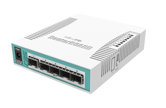 Mikrotik Cloud Router Switch 106-1C-5S with QCA8511 400MHz CPU, 128MB RAM, 1x Combo port (Gigabit Ethernet or SFP), 5 x SFP cages, RouterOS L5, desktop case, PSU