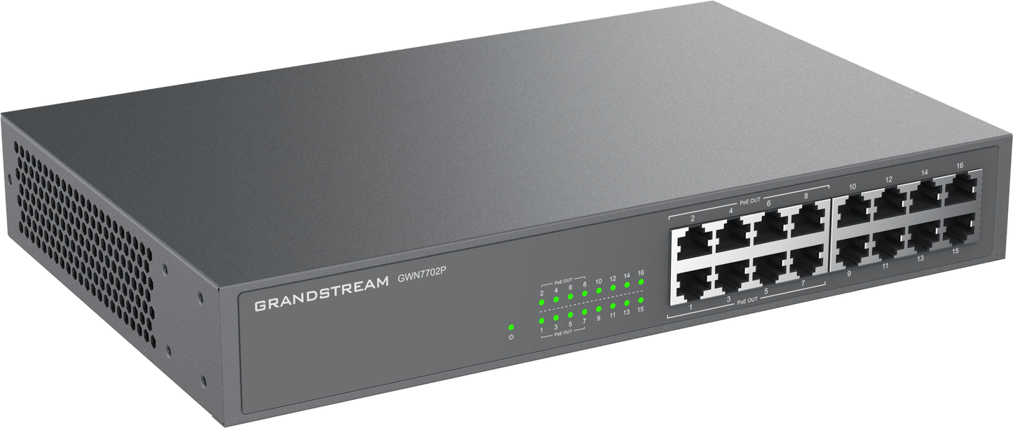 Grandstream Enterprise 16 port Unmanaged GbE PoE Switch - 138W | GWN7702P