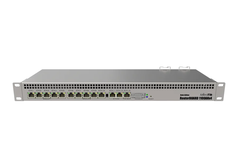 MikroTik RouterBOARD RB1100AHx4 Dude Edition, 13x Gb LAN, 60GB M.2 drive, RouterOS L6, 1U rackmount case, Dual PSU
