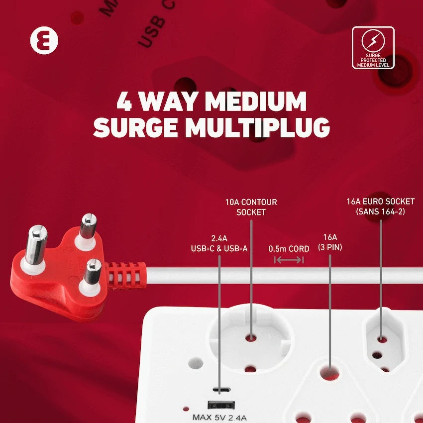 Ellies 4-Way Medium Surge Multiplug with USB-A+USB-C 0.5m