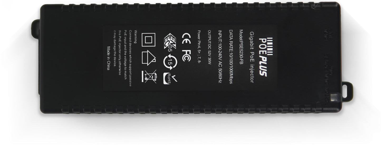 Gigabit Power over Ethernet (PoE) Injector. 48V, 0.575A, Passive, 30W