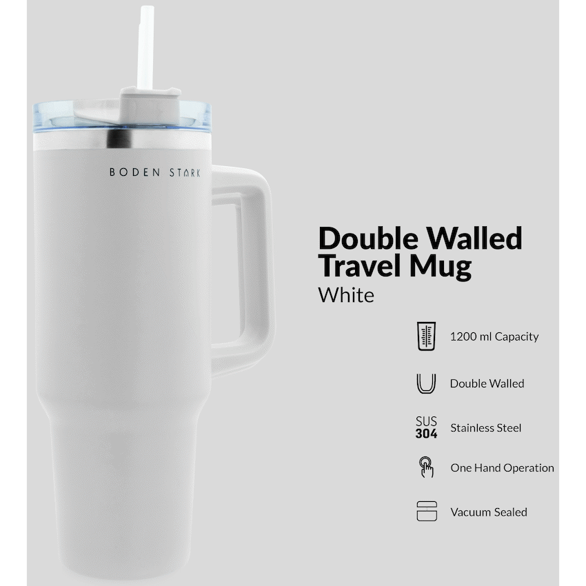 Boden Stark 1200ml Travel Mug - White - Guards On Duty Shop & Security Guards