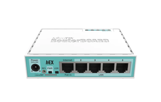MikroTik hEX, Desktop Router, 5x Gb LAN ports, USB, RouterOS L4, plastic case, PSU