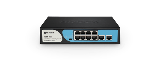 BDCOM 8-Port 100M PoE Switch (8-Port 100M PoE + 2-Port GE RJ45) 90W PoE Budget