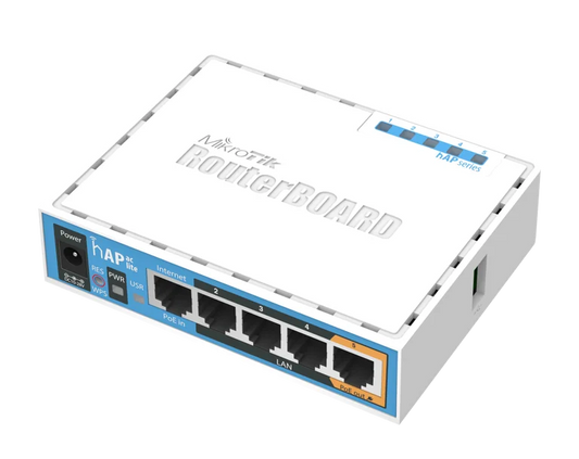 MikroTik hAP ac lite, 5x LAN, built-in 2.4Ghz 802.11b/g/n two chain wireless with integrated antennas, built-in 5Ghz 802.11ac single chain wireless with integrated antenna, USB, desktop case, PSU, RouterOS L4