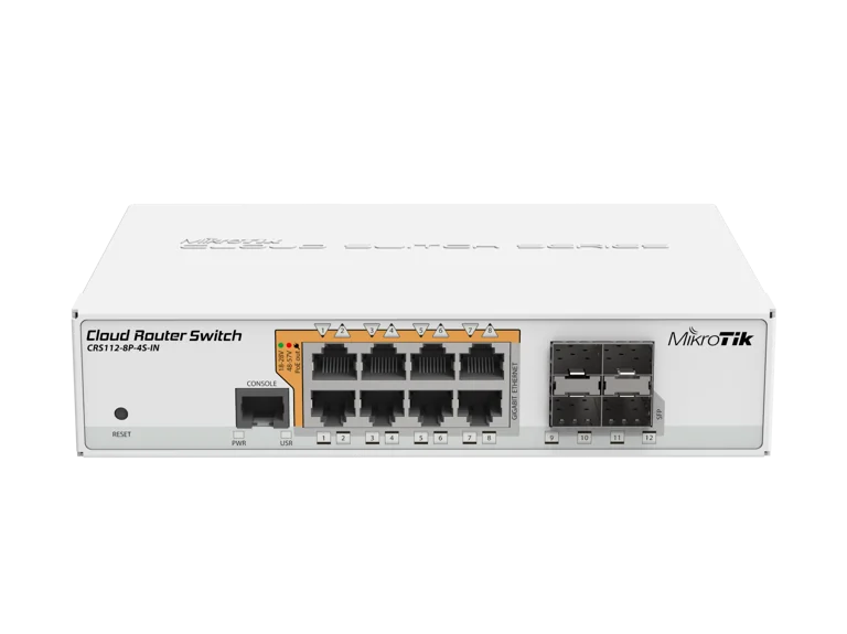 MikroTik Cloud Router Switch CRS112-8P-4S-IN, 8x Gb LAN with PoE-out, 4x SFP, RouterOS L5, desktop case, PSU