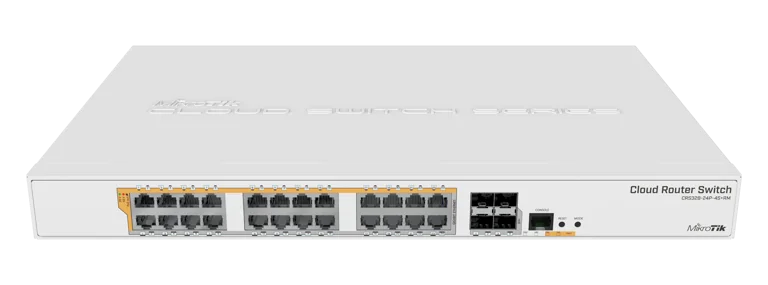 MikroTik Cloud Router Switch CRS328-24P-4S+RM, 24xGb LAN (all PoE-out), 4x SFP+ cages, RouterOS L5 or SwitchOS (dual boot), 1U rackmount case, 500W built-in PSU