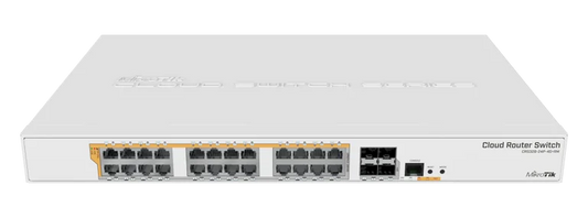 MikroTik Cloud Router Switch CRS328-24P-4S+RM, 24xGb LAN (all PoE-out), 4x SFP+ cages, RouterOS L5 or SwitchOS (dual boot), 1U rackmount case, 500W built-in PSU