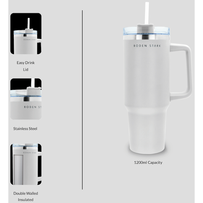 Boden Stark 1200ml Travel Mug - White - Guards On Duty Shop & Security Guards