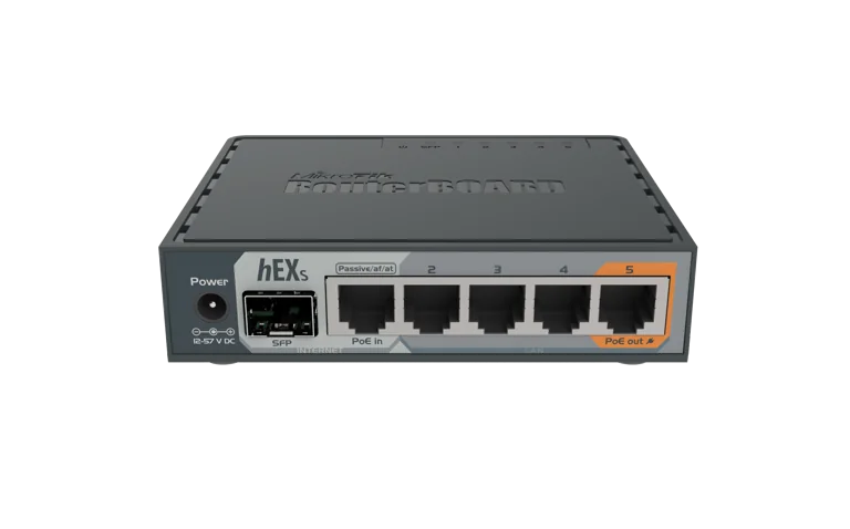 Mikrotik hEX S, 5x Gb LAN ports, SFP, USB, PoE-out on port #5, RouterOS L4, plastic case, PSU, IPSEC Hardware Encryption