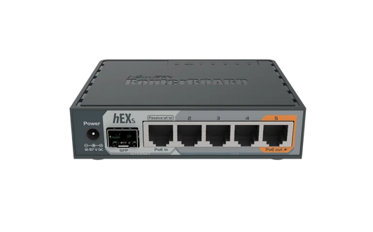 Mikrotik hEX S, 5x Gb LAN ports, SFP, USB, PoE-out on port #5, RouterOS L4, plastic case, PSU, IPSEC Hardware Encryption