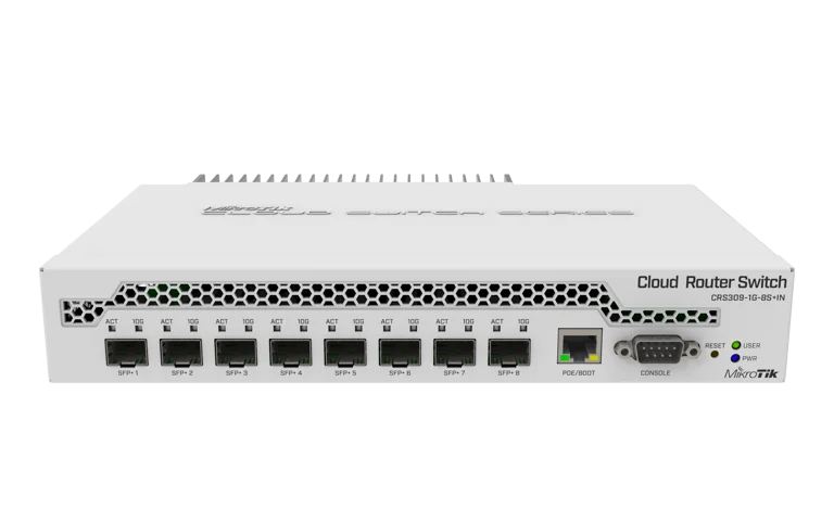 MikroTik Cloud Router Switch CRS309-1G-8S+IN, 1x Gb Ethernet, 8x SFP+ Cages, RouterOS L5 Or SwitchOS (Dual Boot), Passive Desktop Case, Rackmount Ears, PSU