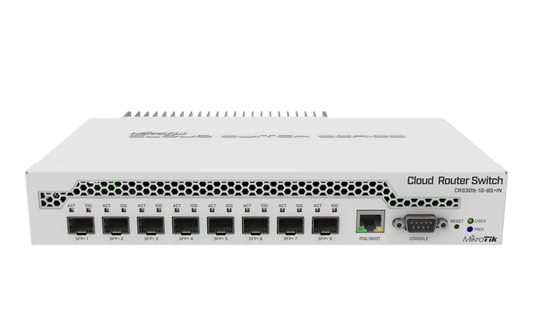 MikroTik Cloud Router Switch CRS309-1G-8S+IN, 1x Gb Ethernet, 8x SFP+ Cages, RouterOS L5 Or SwitchOS (Dual Boot), Passive Desktop Case, Rackmount Ears, PSU