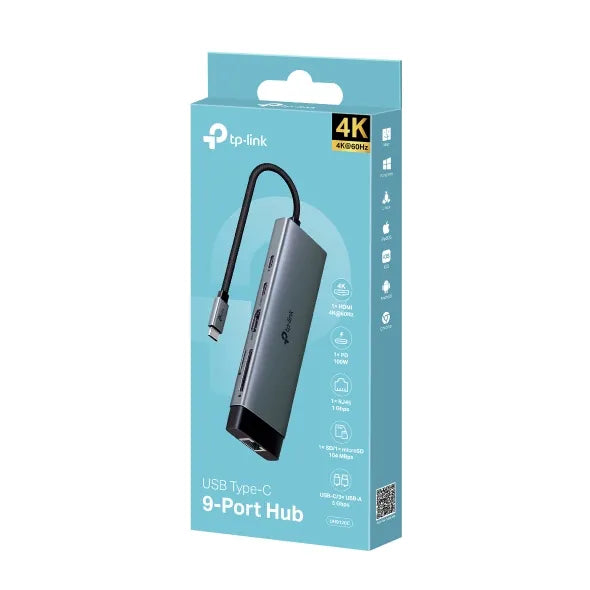 TP-Link Type-C 9-Port Hub 1×USB-C  1×HDMI 4K 60Hz 1×USB-C PD 100W 1×RJ45 1×SD 1×microSD 3×USB-A 3.0 1×USB-C 3.0