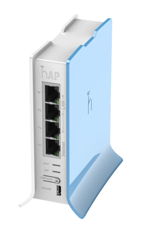 MikroTik hAP lite, 4x LAN, built-in 2.4Ghz 802.11b/g/n 2x2 two chain wireless with integrated antennas, RouterOS L4, tower case, PSU