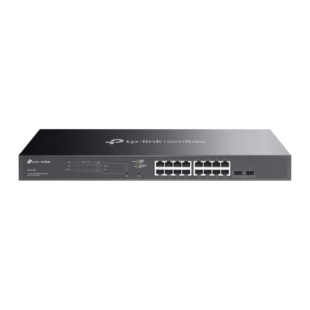 TP-Link Omada 18-Port Gigabit Smart PoE+ Switch 16×1G PoE+ 2×1G SFP 150W 1U Fanless Rackmount