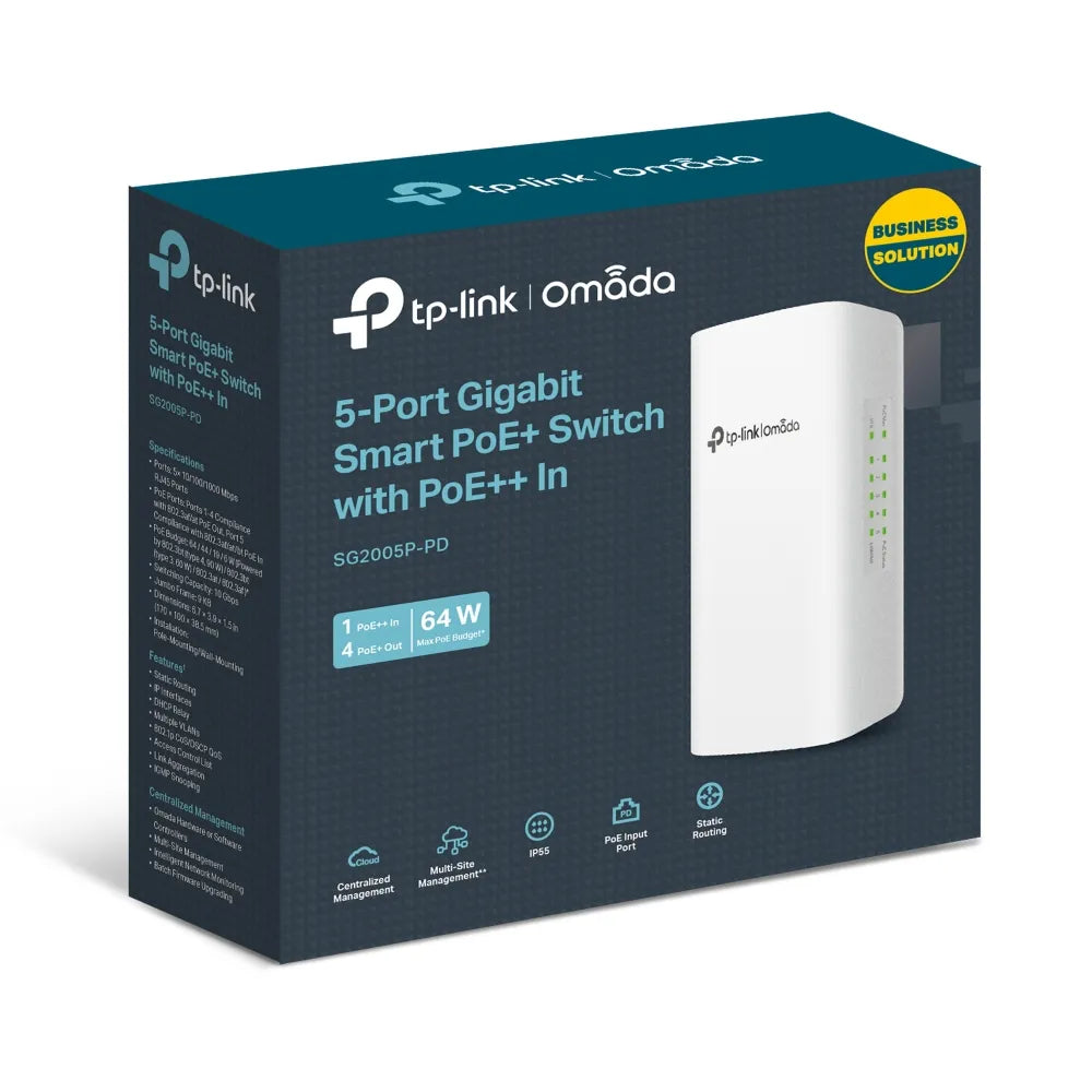 TP-Link Omada 5-Port Smart PoE Switch 1×PoE++ In 4×PoE+ Out 64W IP55 Wall/Pole Mount