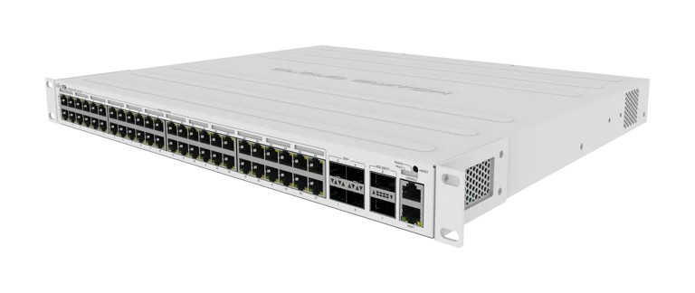 MikroTik Cloud Router Switch CRS354-48P-4S+2Q+RM, 48x Gb RJ45 LAN (all PoE-out), 4x 10G SFP+ cages, 2x 40G QSFP+ cages, RouterOS L5, 1U rackmount enclosure, 750W PSU