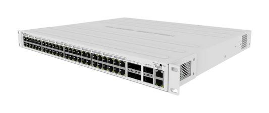 MikroTik Cloud Router Switch CRS354-48P-4S+2Q+RM, 48x Gb RJ45 LAN (all PoE-out), 4x 10G SFP+ cages, 2x 40G QSFP+ cages, RouterOS L5, 1U rackmount enclosure, 750W PSU