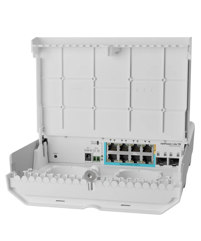 MikroTik netPower Lite 7R with 8x Gb Ethernet ports (7 with Reverse PoE-in, 1 with PoE-OUT), 2x SFP+ cages, SwitchOS, outdoor enclosure