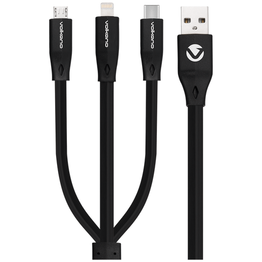 Volkano Slim Series Flat PVC 3-in-1 (Type-C / Lightning / Micro) Cable 30W 1m- Black