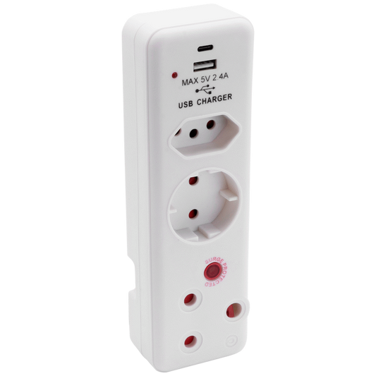 Switched 3-Way Medium Surge Adaptor - Schuko with Type-C + USB