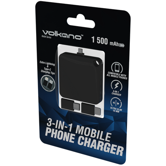 Volkano Relief Series 1500mah 3-in-1 Mobile Phone Charger - Black