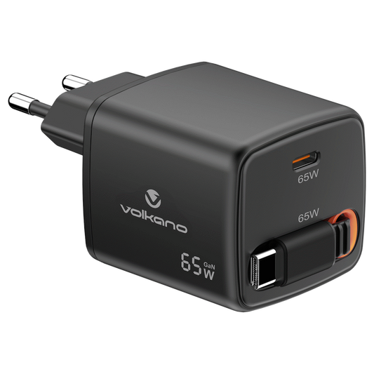 Volkano Sleek Series Fast Wall Charger 65W USB-C with Built-in Retractable 75cm Cable - Black