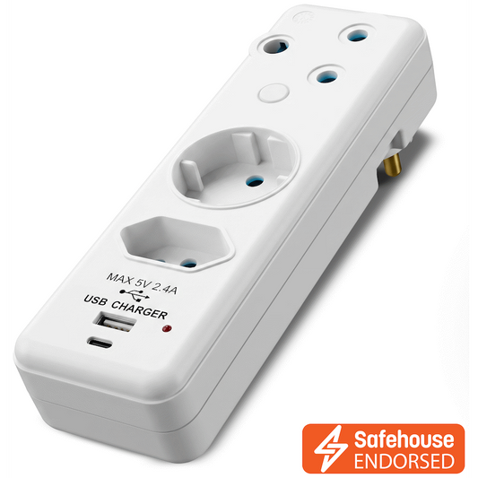Ellies 3-Way Schuko Adaptor with Type-C + USB - White