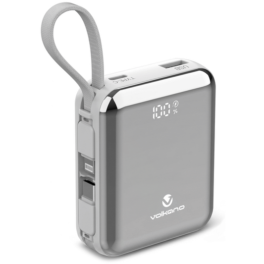 Volkano Solace Series 10 000 mAh Power Bank with Built-in USB-C & Lightning Cable - White & Silver