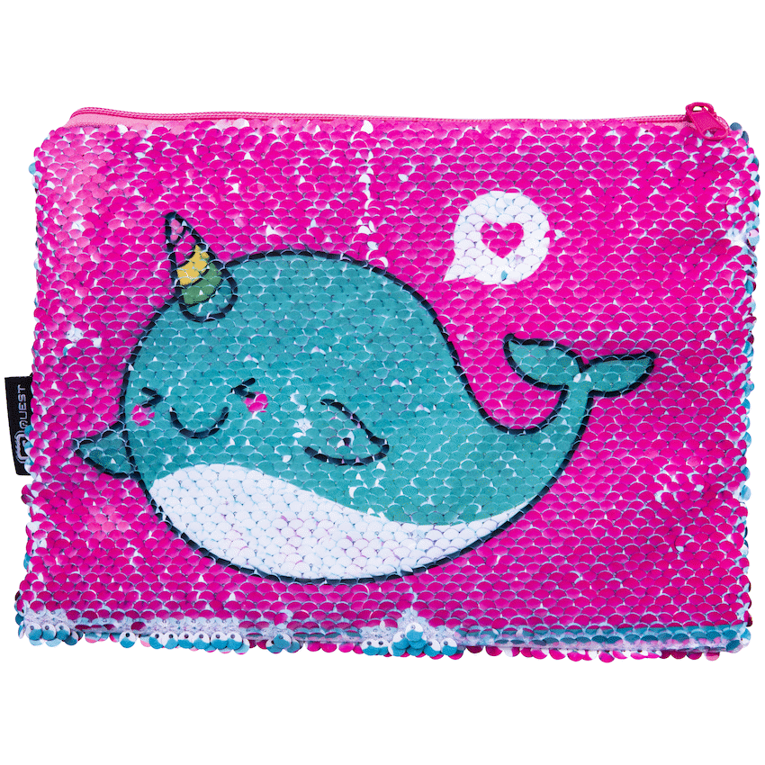 Quest Sequin Narwhale Pencil Case. Pink