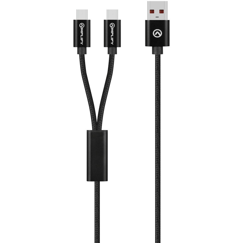 Amplify Linked Series USB to 2 x USB-C Braided Cable 60W 1.2m - Black - Guards On Duty Shop & Security Guards