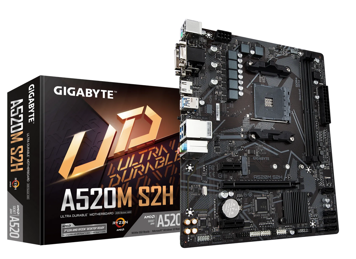 GIGABYTE Motherboard AMD A520M-S2H for 3rd/4th/5th Generation AMD Ryzen™ processors; 2x Dual DDR4; 1x M2; HDMI; DVI; VGA.