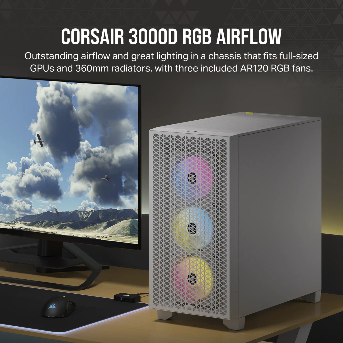 3000D RGB AIRFLOW White Mid-Tower PC Case; 2x 3.5'' |  2x 2.5'' Drive Bays; Up to 360mm Radiator compatible; 3x 120mm fan incl
