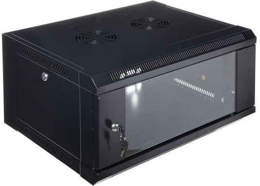 RCT 4U AP Pre-coated black wall mount cabinet 2x uprights 2x glands + Screws; 450mm GLASS DOOR.